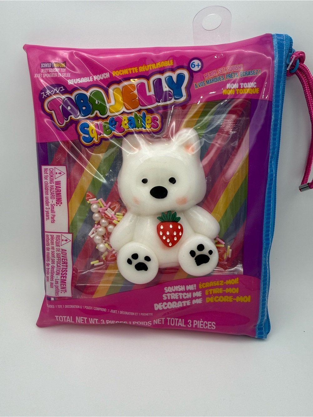 Taba Jelly Squeezable Strawberry Bear Squishy in Reusable Pouch NWT